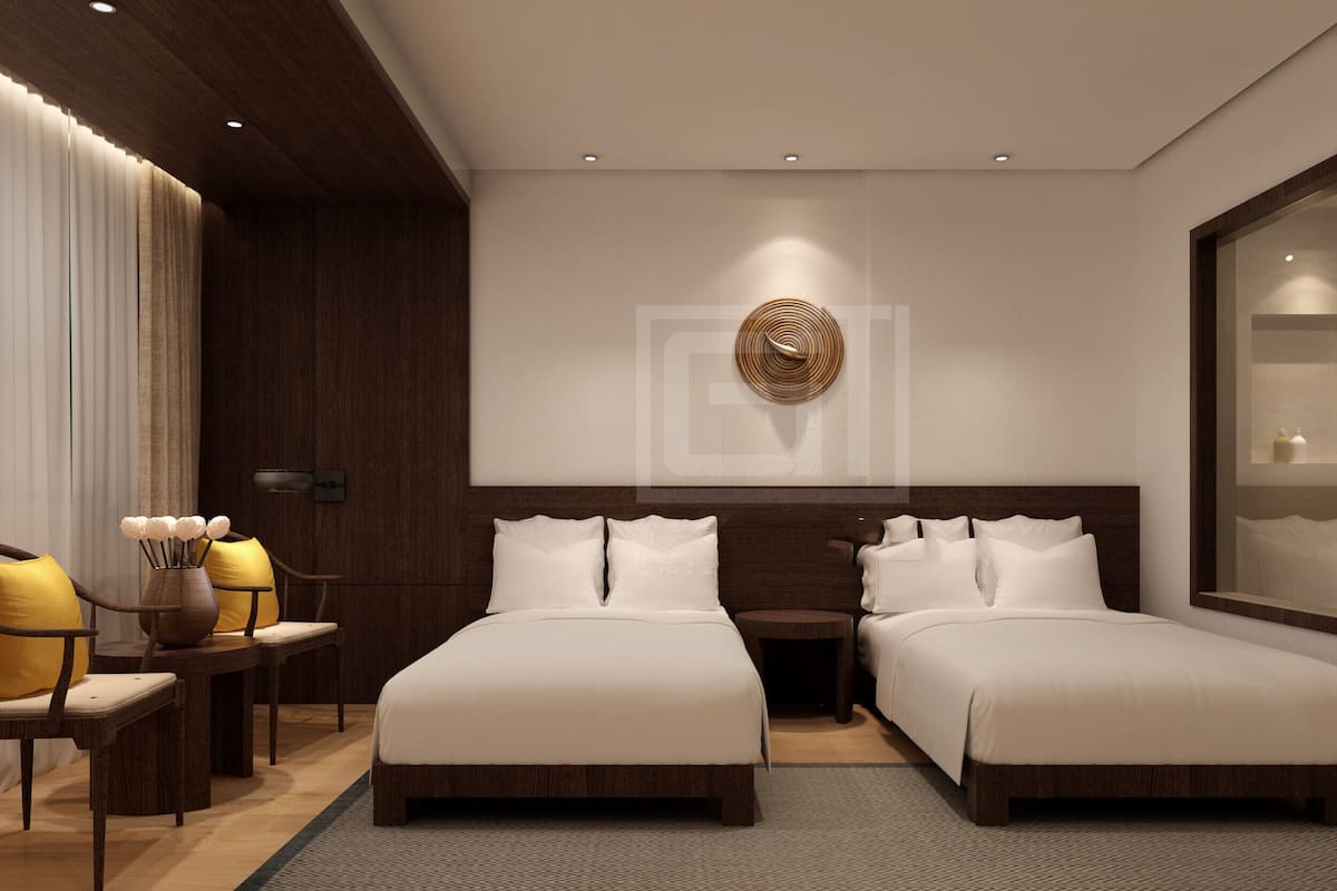 A modern hotel room with two beds, a wooden headboard, a large mirror, and a decorative wall piece.