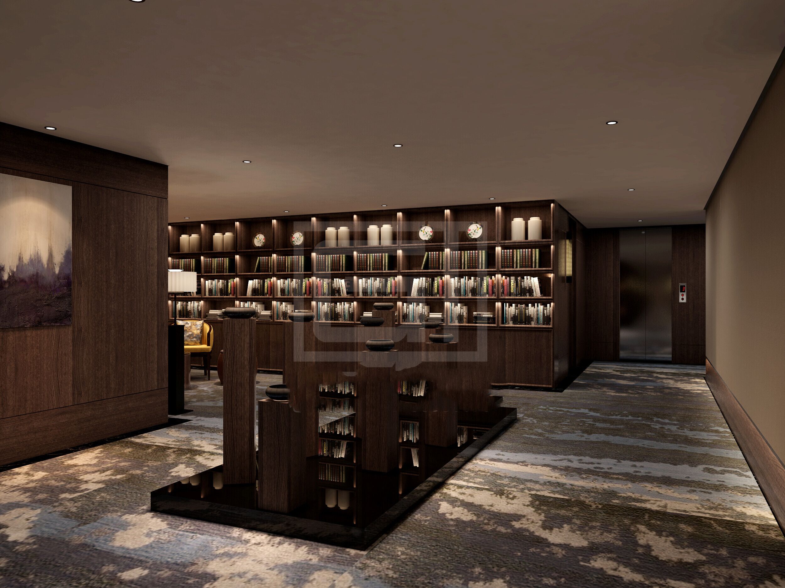 A modern library with bookshelves, a seating area, and an elevator.