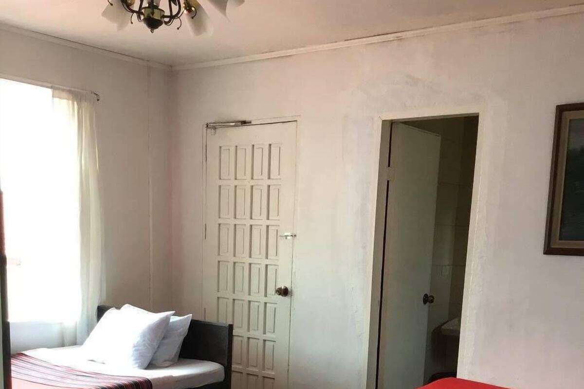 Une chambre avec deux lits, une porte et une fenêtre avec des rideaux.
