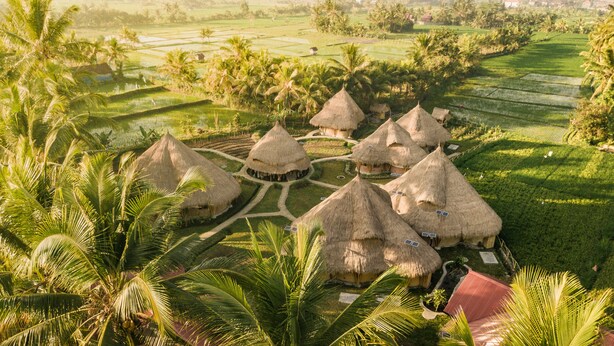 A traditional village with thatched-roof huts arranged in a circular pattern, surrounded by lush greenery and palm trees. - Mana Earthly Paradise (Ubud)