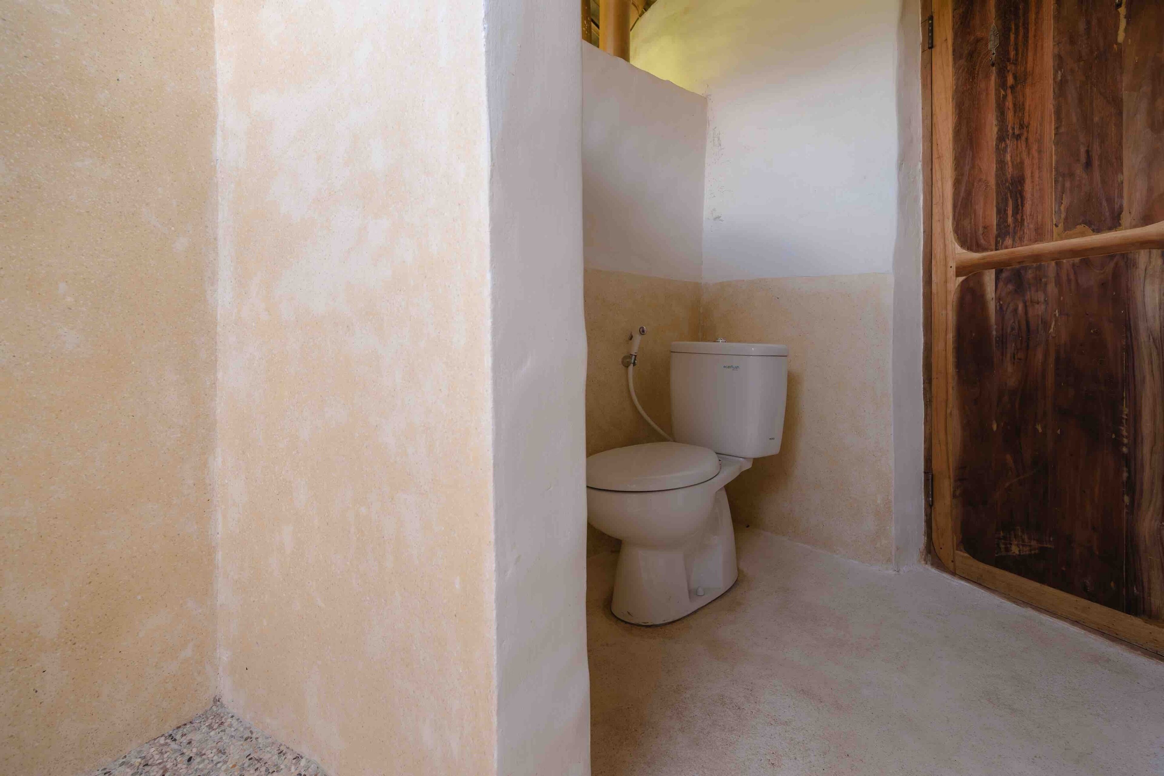 A small, compact bathroom with a white toilet and a wooden door.