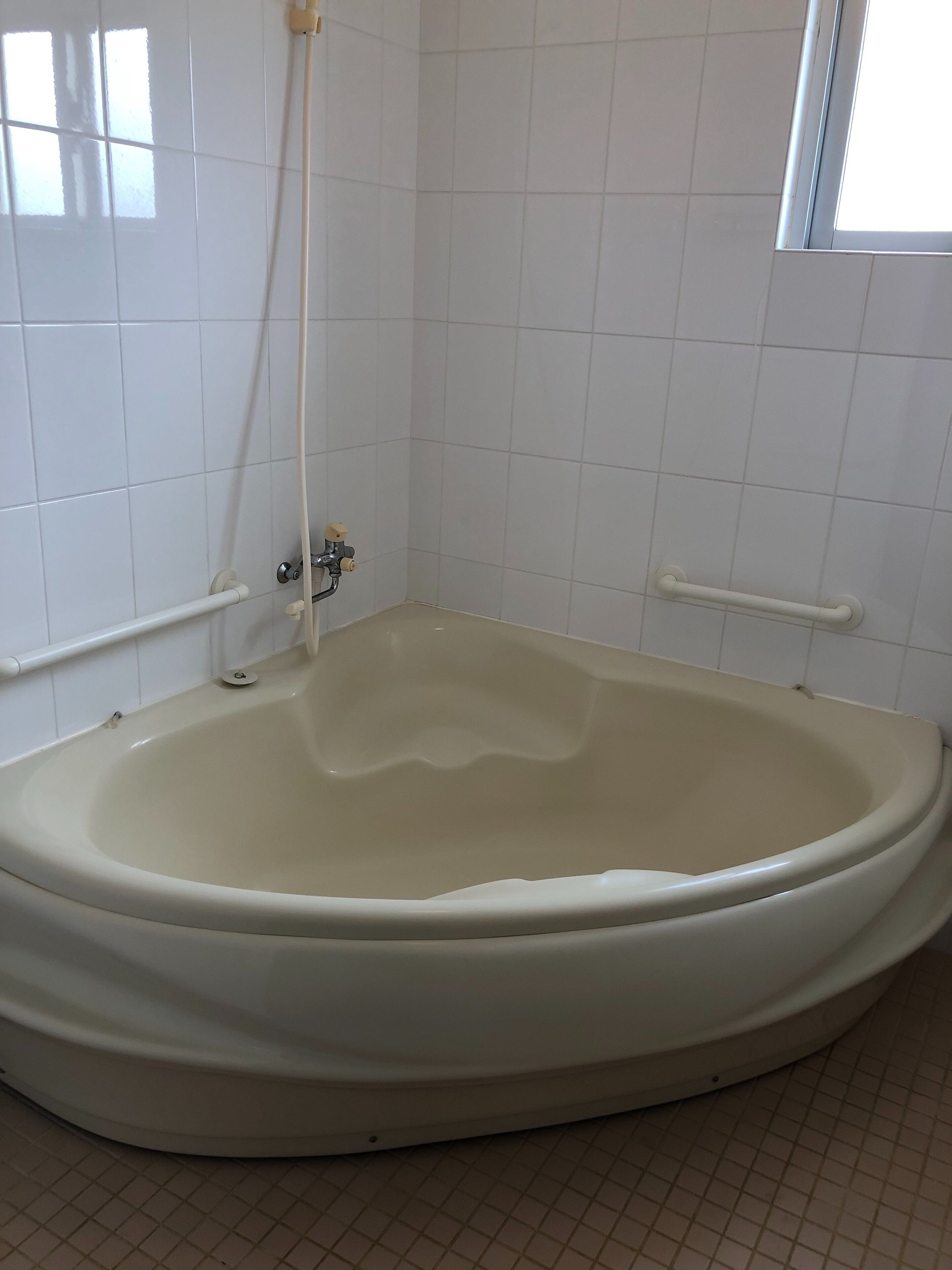 Una bañera estándar con un cabezal de ducha manual, una barra de apoyo en el lado derecho y una ventana a la derecha.