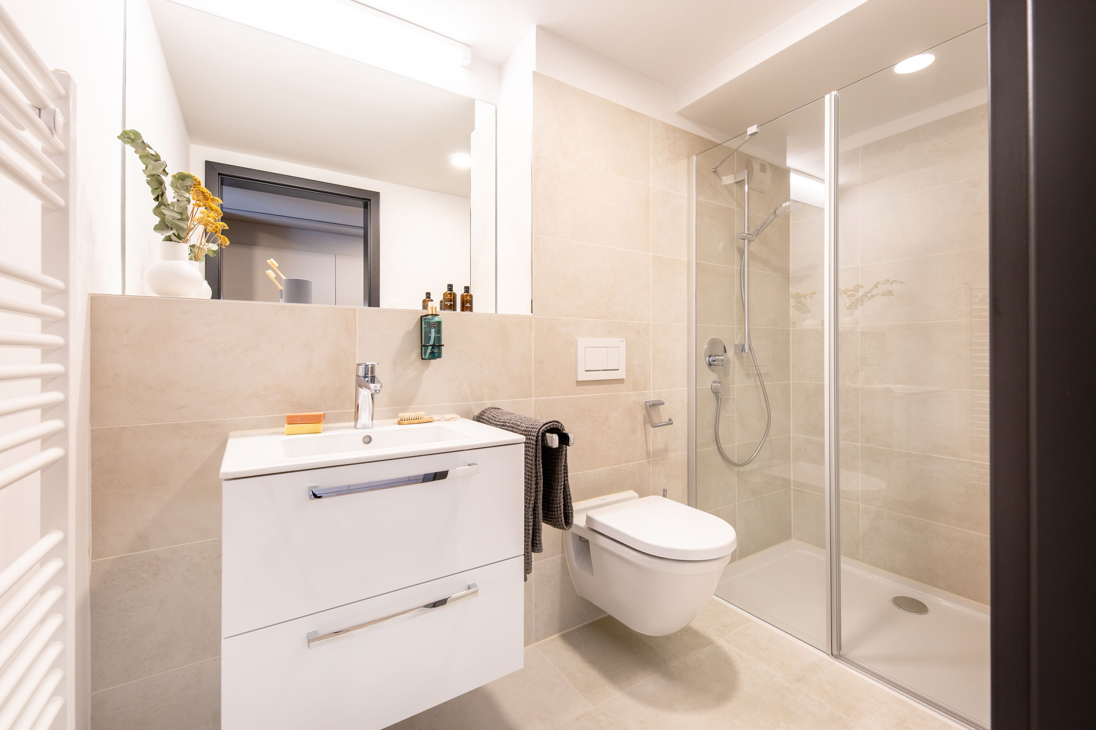 Shower, towels, soap, toilet paper