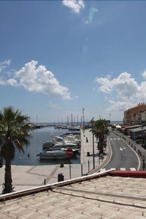 A marina with boats docked, a clear sky, and a road with palm trees. - Hotel Restaurant du Port (Meze)