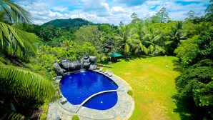 A swimming pool surrounded by lush greenery and a hilly landscape. - Thevni Holiday Resort (Ingiriya)