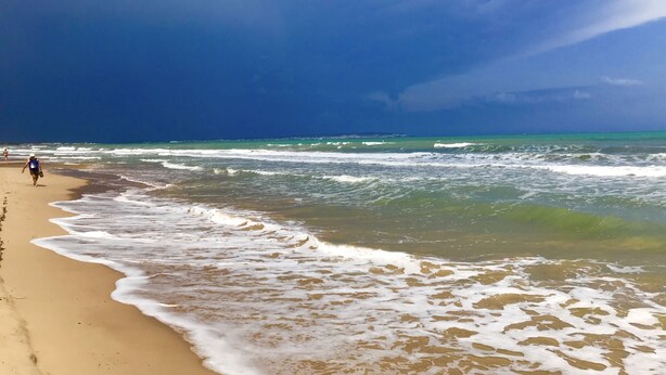 A beach with waves, a clear sky, and a few people walking.