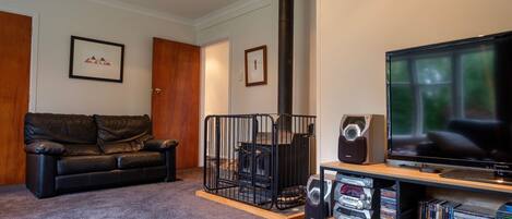 A living room with a black leather sofa, a fireplace, a television, and a bookshelf with DVDs.