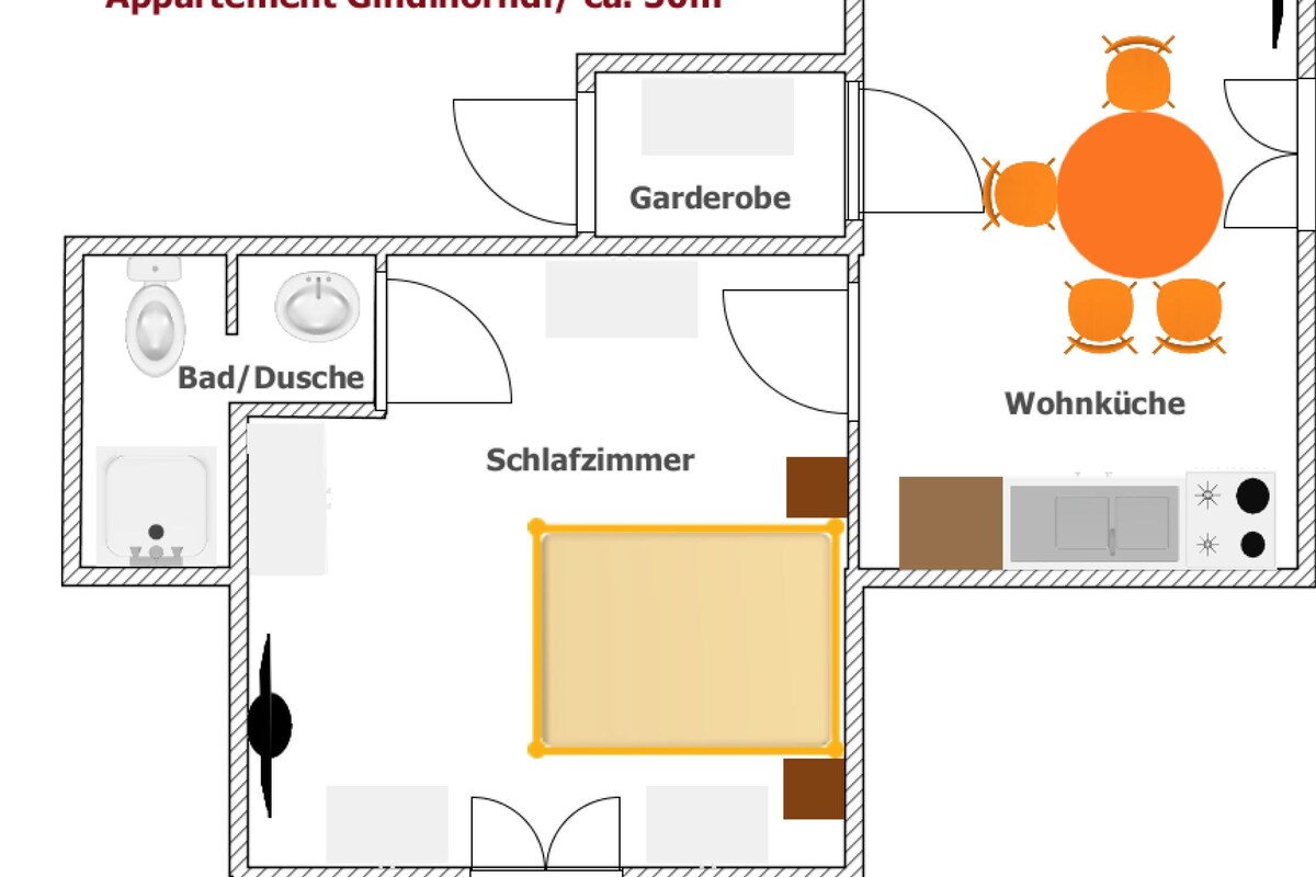 Plano de un apartamento de 50m² con sala de estar, cocina, baño y un pequeño jardín.
