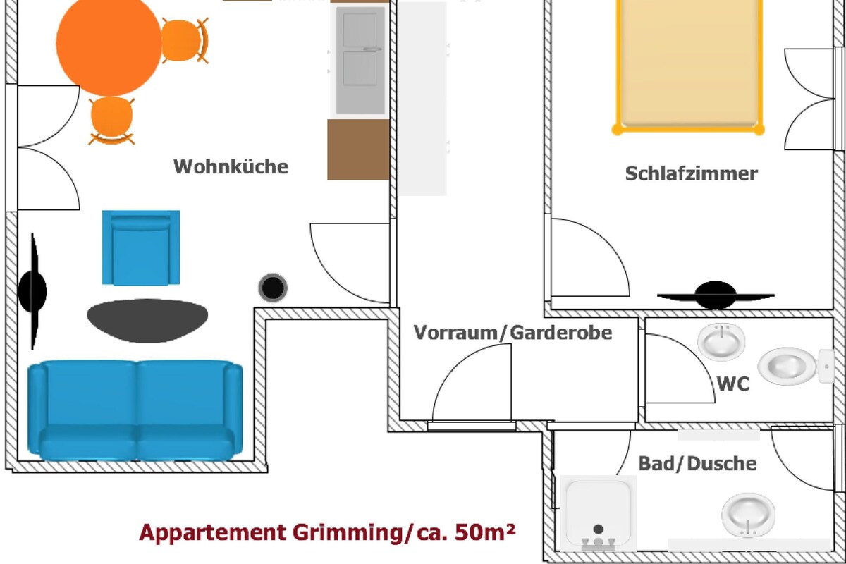 Plano de planta de un apartamento de 50m² con sala de estar, cocina, dormitorio, baño y un pequeño balcón.
