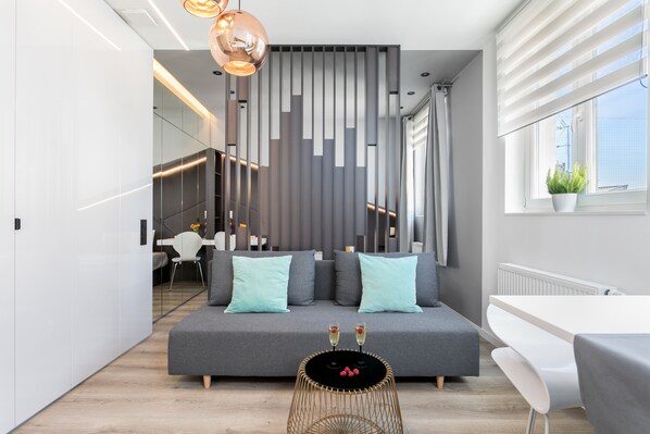 Luxury Studio Suite, 1 Double Bed with Sofa bed (Rakowicka 6 st.) | Living room | 42-inch flat-screen TV with cable channels, TV - My Krakow Apartments - City Center (Kraków)