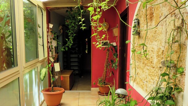 Um corredor estreito com paredes vermelhas, chão de azulejos e vários vasos de plantas.