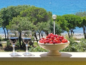 A table with two wine glasses and a bowl of cherries, set against a backdrop of trees and a view of the sea. - Anita Punta Skala (Zadar)