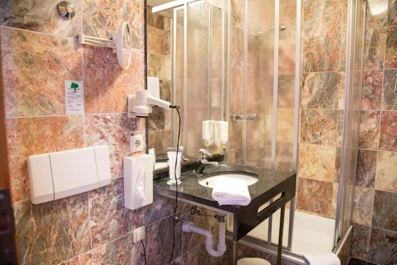 hair dryer, slippers, towels