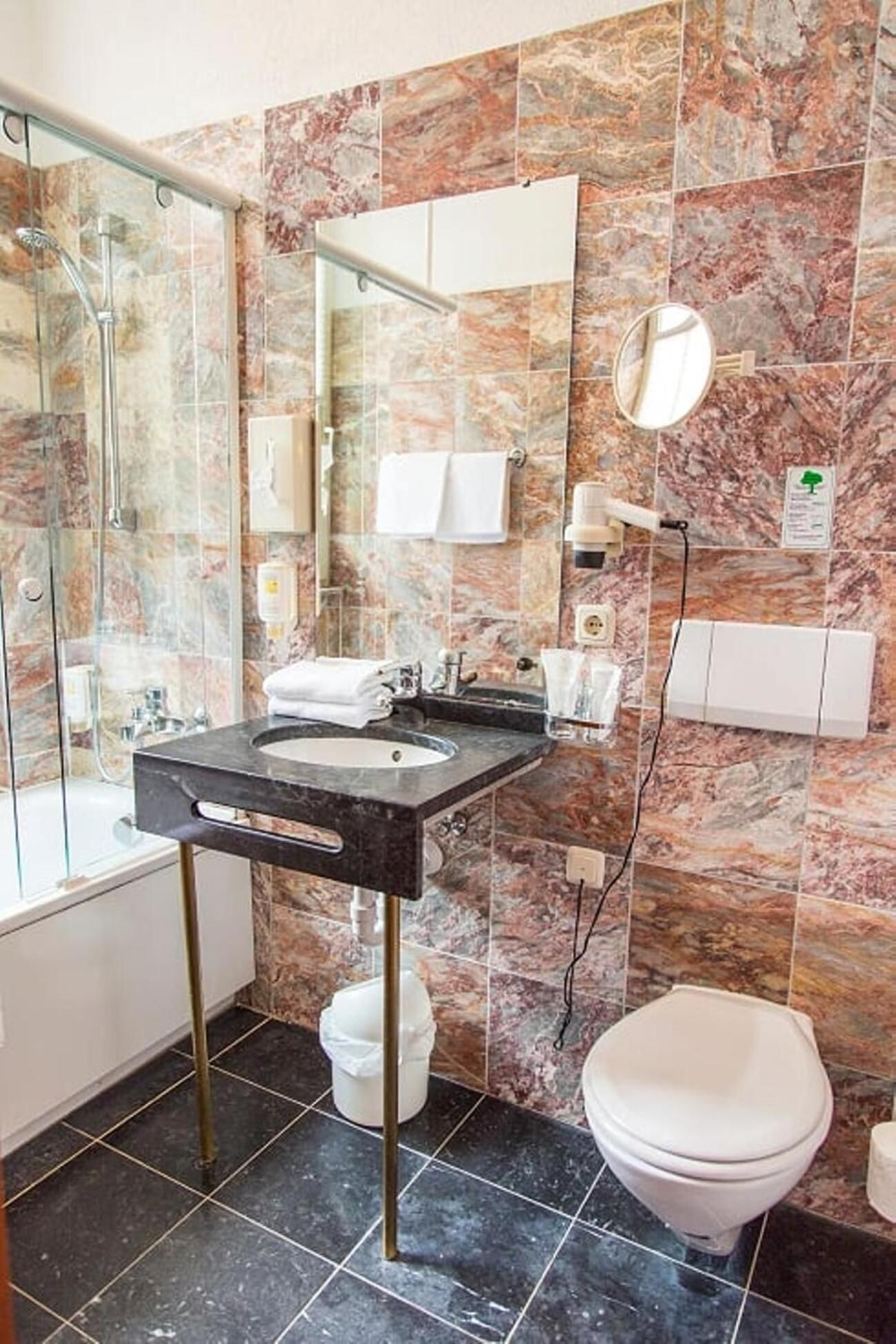 hair dryer, slippers, towels