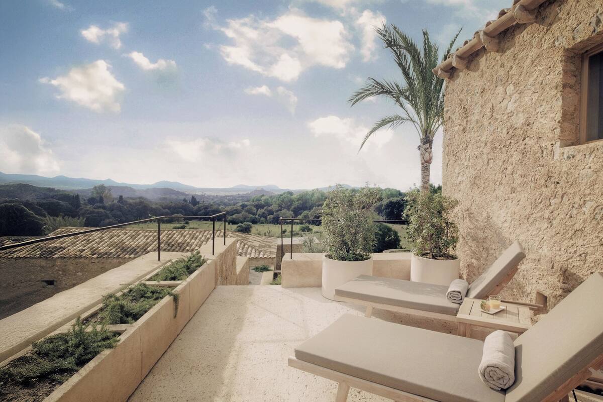 Eine Terrasse mit Liegestühlen, einer Palme und Blick auf entfernte Berge.