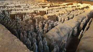 A large open area with numerous terracotta warrior statues arranged in rows and columns.