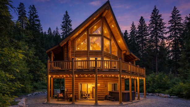 Une cabane en rondins dotée d’un balcon, d’une véranda et d’une cheminée.