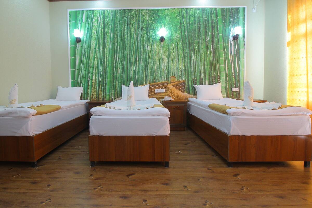 Una habitación con tres camas de madera alineadas, cada una con ropa blanca y un pequeño adorno sobre los almohadones.