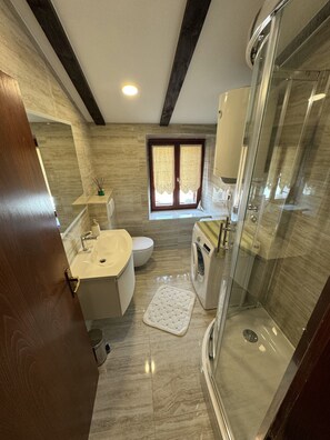 Shower, hair dryer, bidet, towels