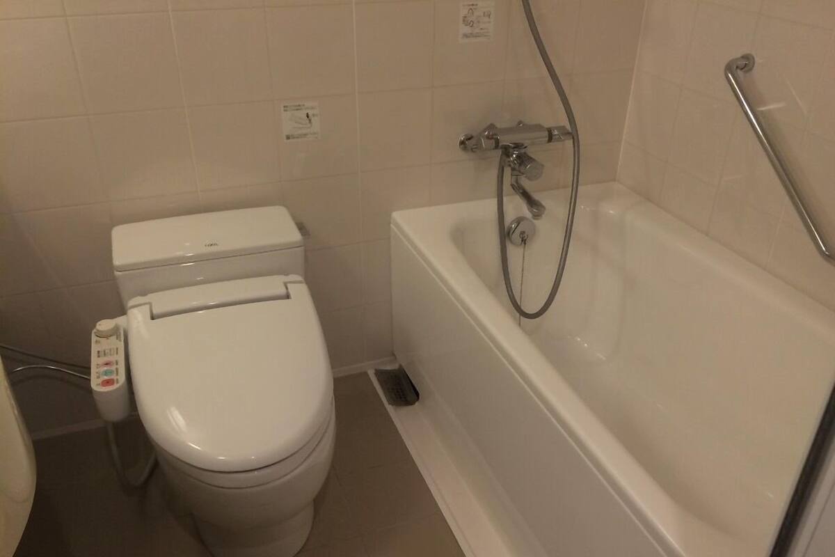 A bathroom with a toilet, a bidet, and a bathtub.