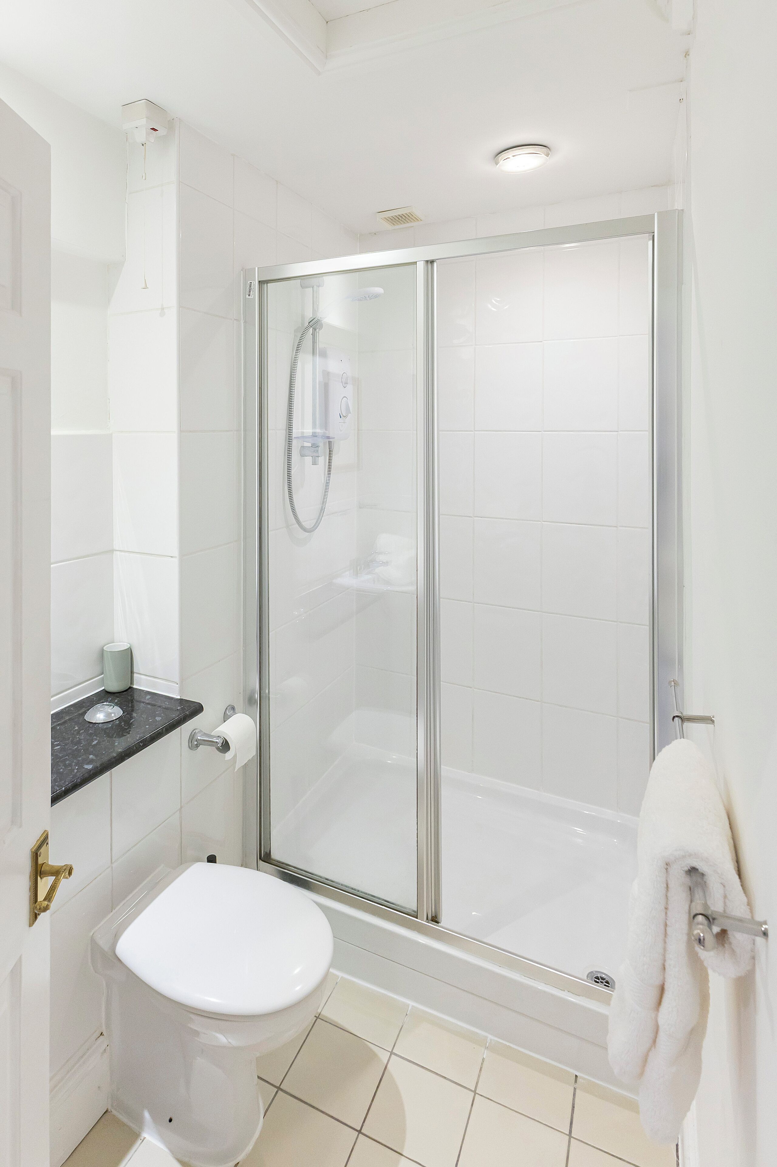 Moderni kylpyhuone, jossa on lasiseinällä varustettu suihku, wc ja pyyhekoukku.