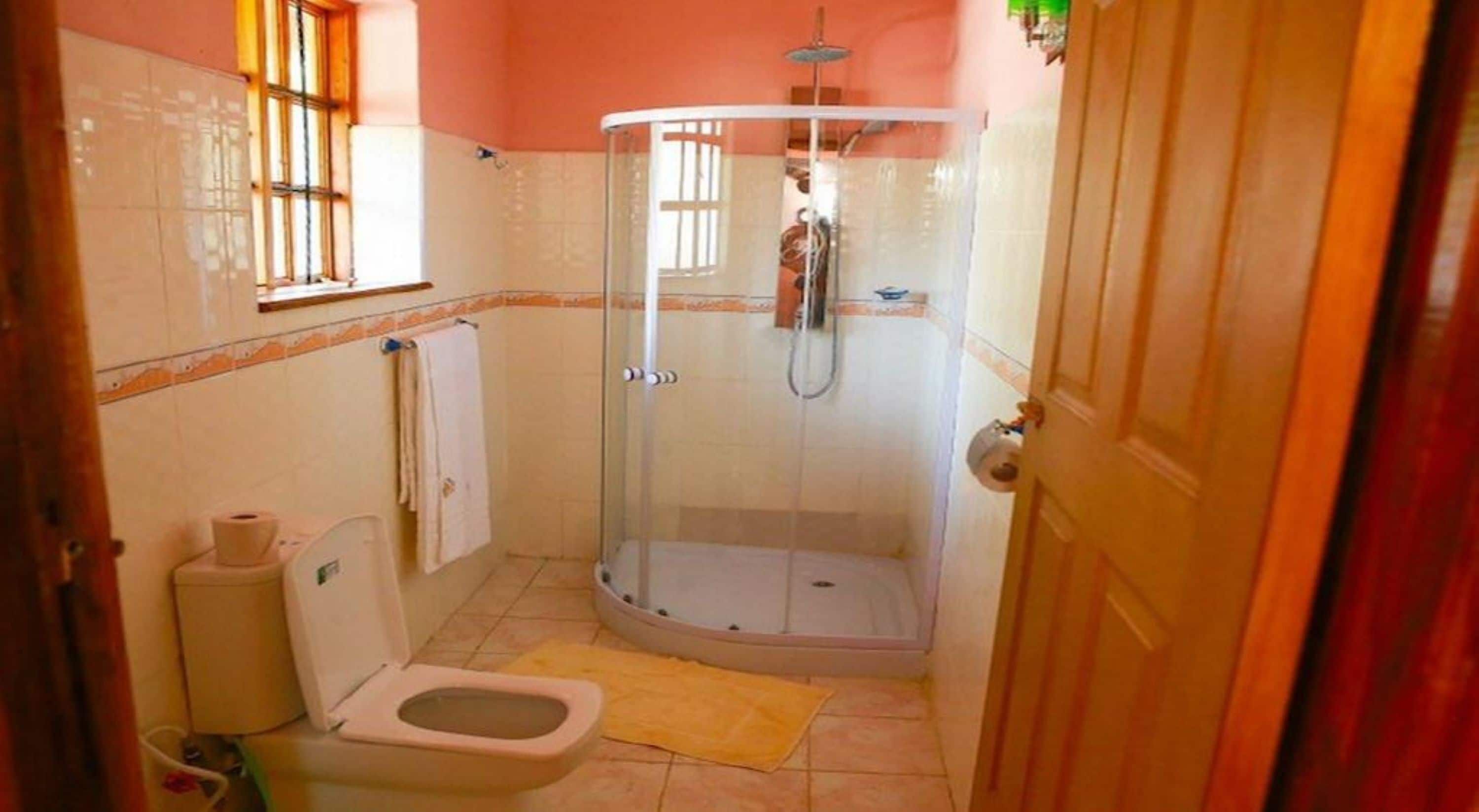 A small bathroom with a toilet, a shower enclosure, and a towel rack.
