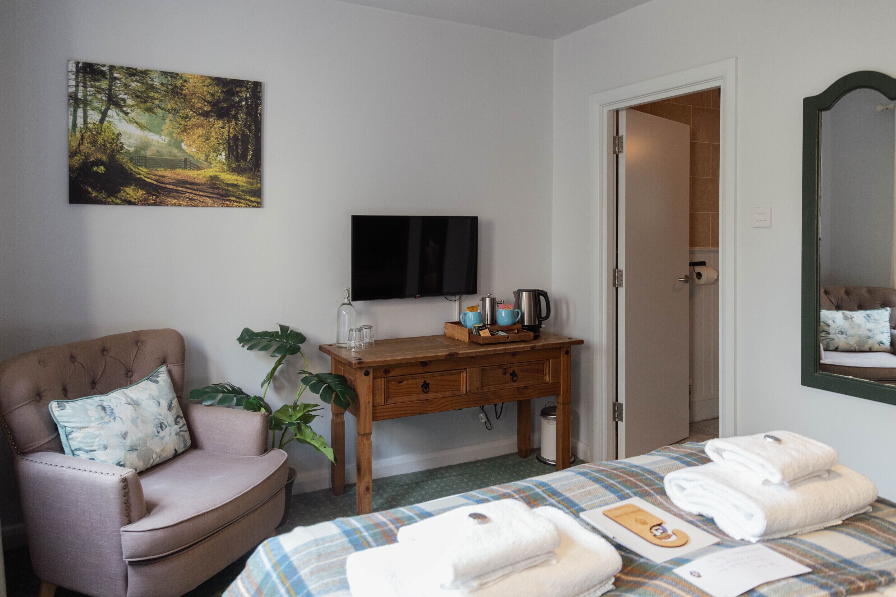 Una habitación de hotel con cama, una silla, un escritorio con televisor, un espejo y un cuadro en la pared.