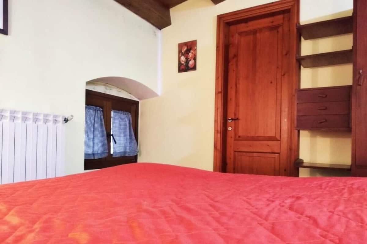 A bedroom with a large bed, a wooden door, and a window with curtains.