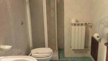 Une salle de bain avec douche, toilettes et lavabo.