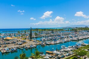 Enjoy serene views of the marina surrounded by lush greenery and palm trees.
