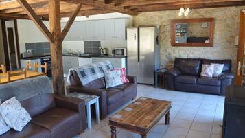 Televisión, chimenea, libros y videoteca