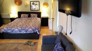 Un dormitorio con cama, sofá, televisión y aire acondicionado instalado en la pared.