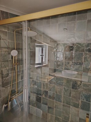 Combined shower/bathtub, hair dryer, bidet, towels