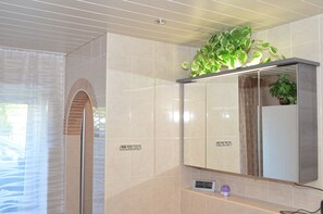 Duschwanne, Haartrockner, Handtücher, Toilettenpapier