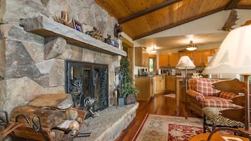 Älytelevisio, takka, DVD-soitin, videokirjasto