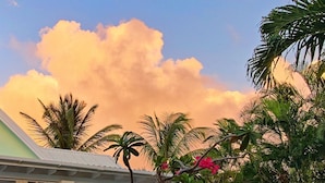 A poolside area with a view of the sky and palm trees. - Beautiful Villa,Private Pool, Sun Terraces,Garden,Hi Speed Wi Fi, steps to beach (Bottom Bay)