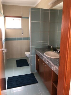 Un baño con inodoro, lavabo y espejo.