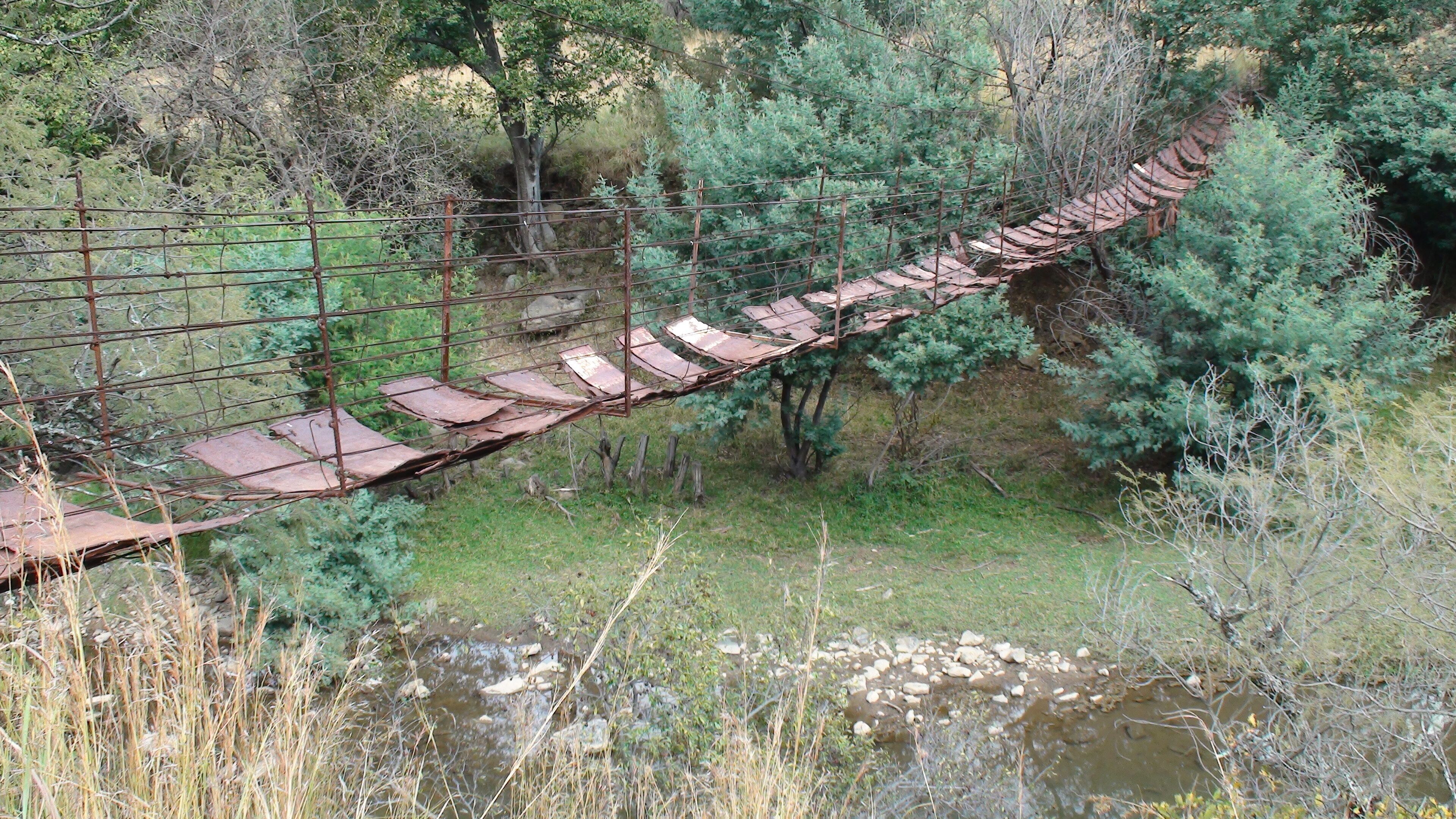 Un pont en bois rustique, doté de garde-corps en métal, entouré d’une végétation luxuriante et traversé par un petit ruisseau.