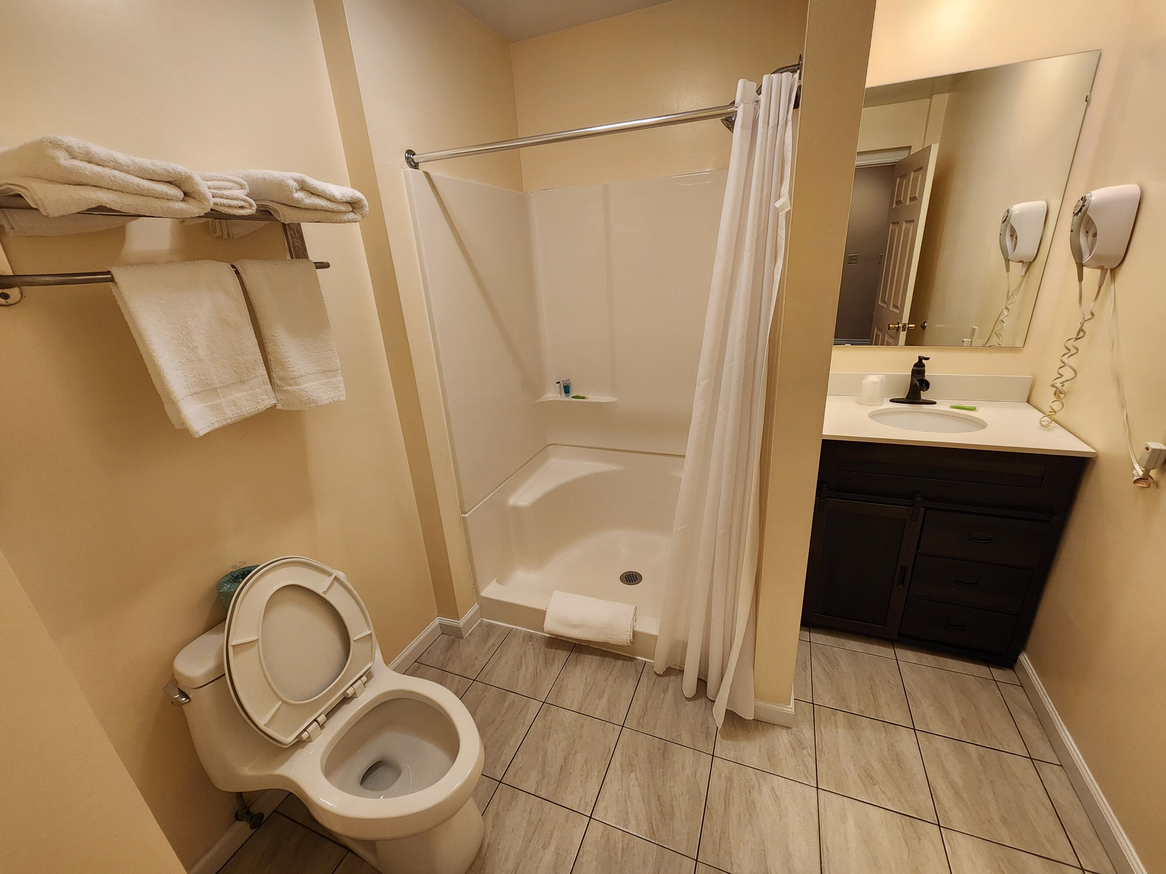 A bathroom with a toilet, shower, and sink.