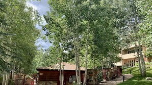 A wooden cabin with a stone foundation, surrounded by a stone wall and a metal gate. - Family Condo w Mtn Views, walk to Gondola, SV22D (Vail)