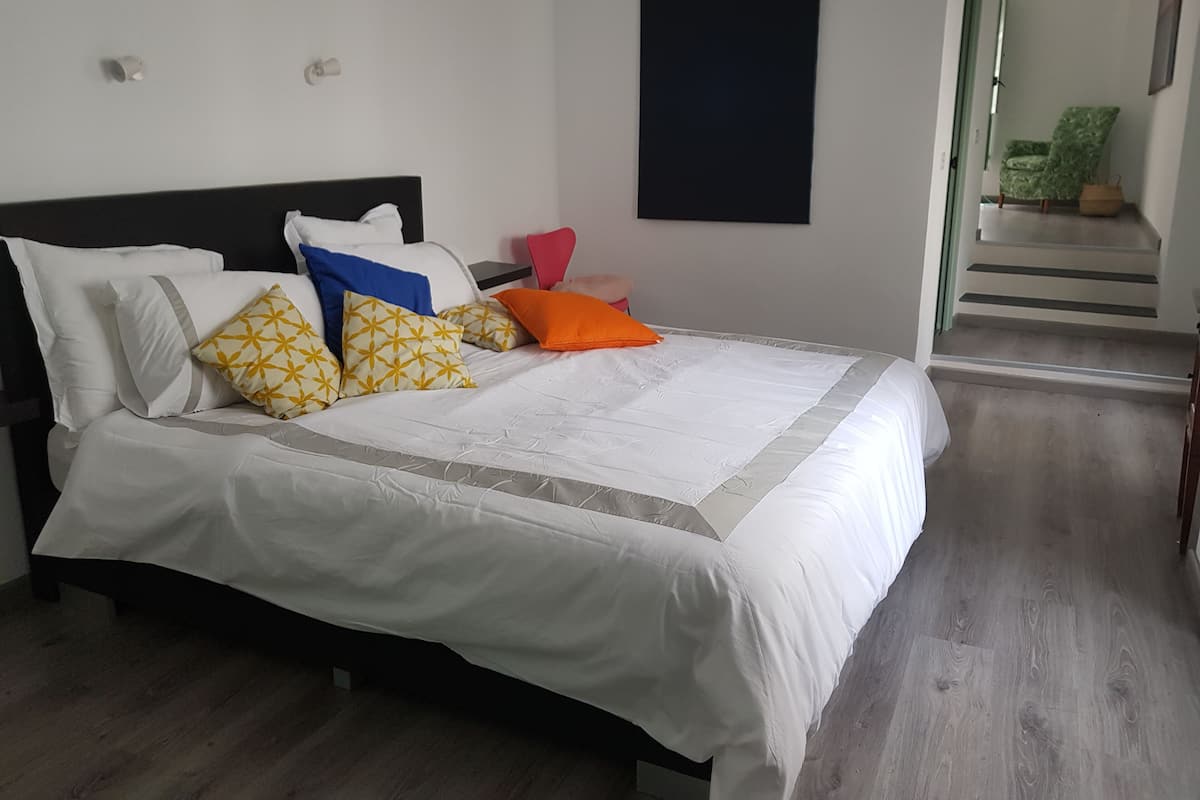 A neatly made bed with white bedding and patterned pillows, a dark headboard, and a plain wall with a single framed picture.