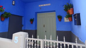 A building facade with a blue exterior, a green door, and the number 5. - Casa Los Tejones (El Pinar)