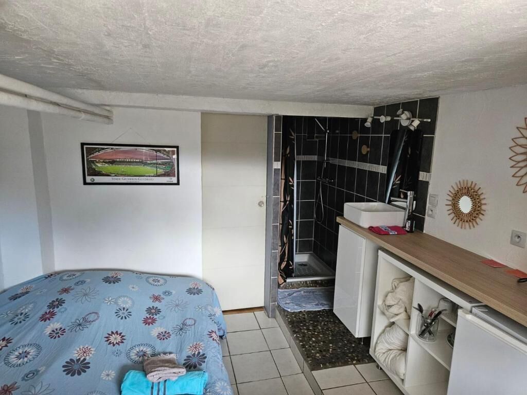 Una habitación pequeña con cama, kitchenette y zona de ducha.