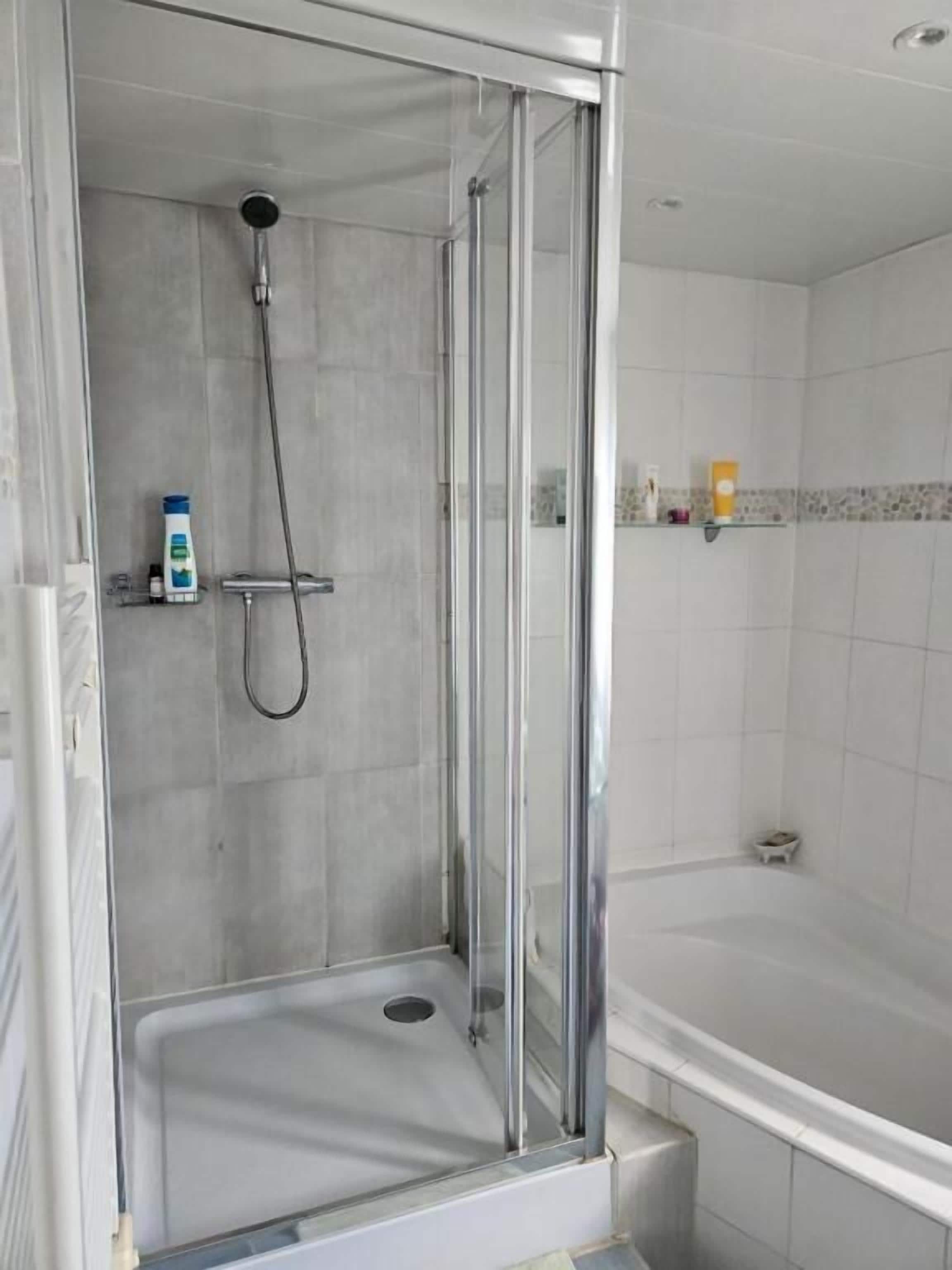 A shower enclosure with a glass door, a handheld showerhead, and a small shelf with toiletries.