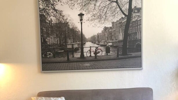 A living room with a grey sofa, a black coffee table with a plant and lemons, and a black and white cityscape painting on the wall. - Convenient 2 bedroom, walk to Bart, 10 min to Berkeley (Richmond)