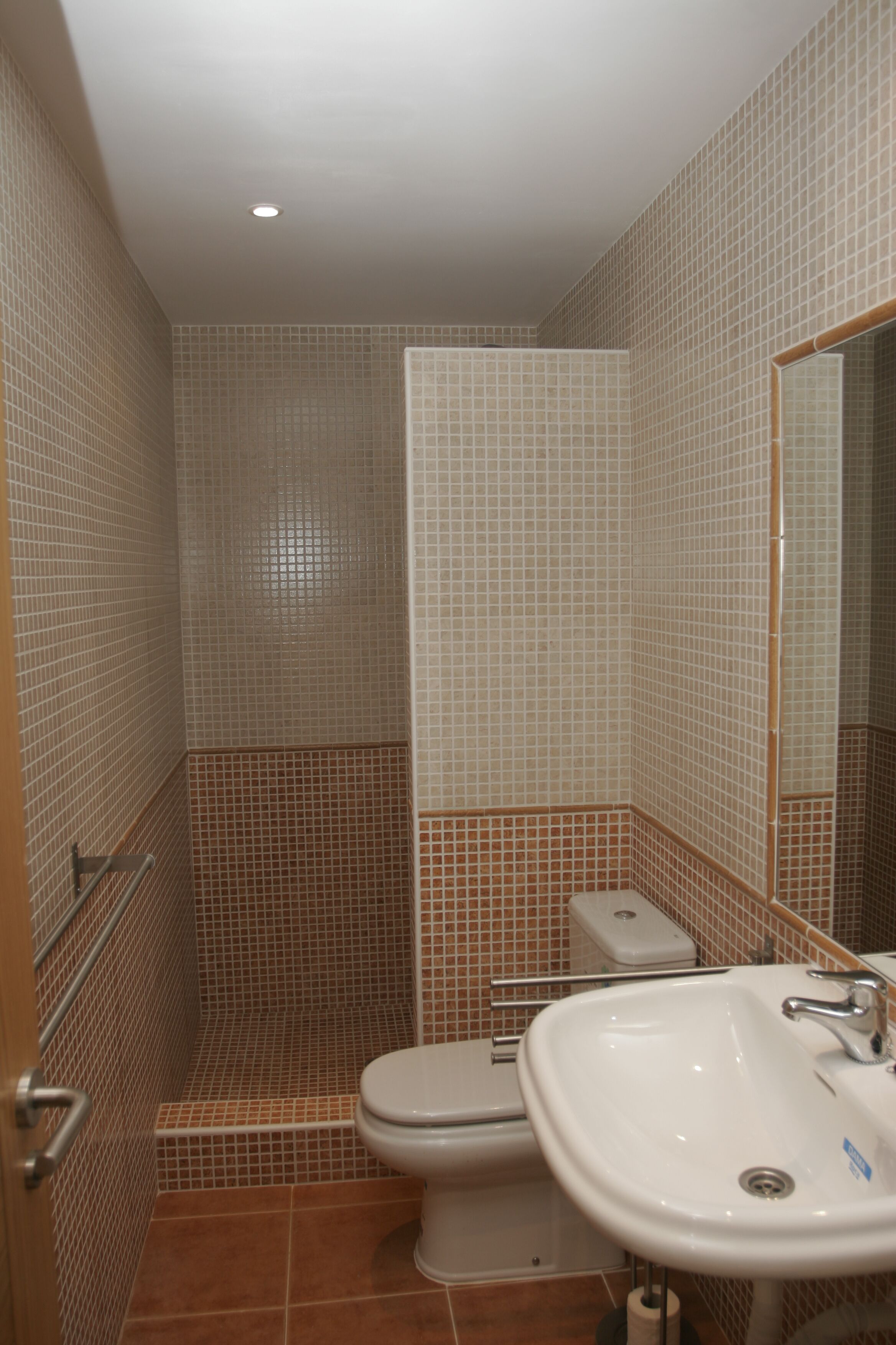 Un baño con inodoro, lavamanos y ducha.