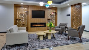 Un salon moderne avec une cheminée, des canapés et un téléviseur.