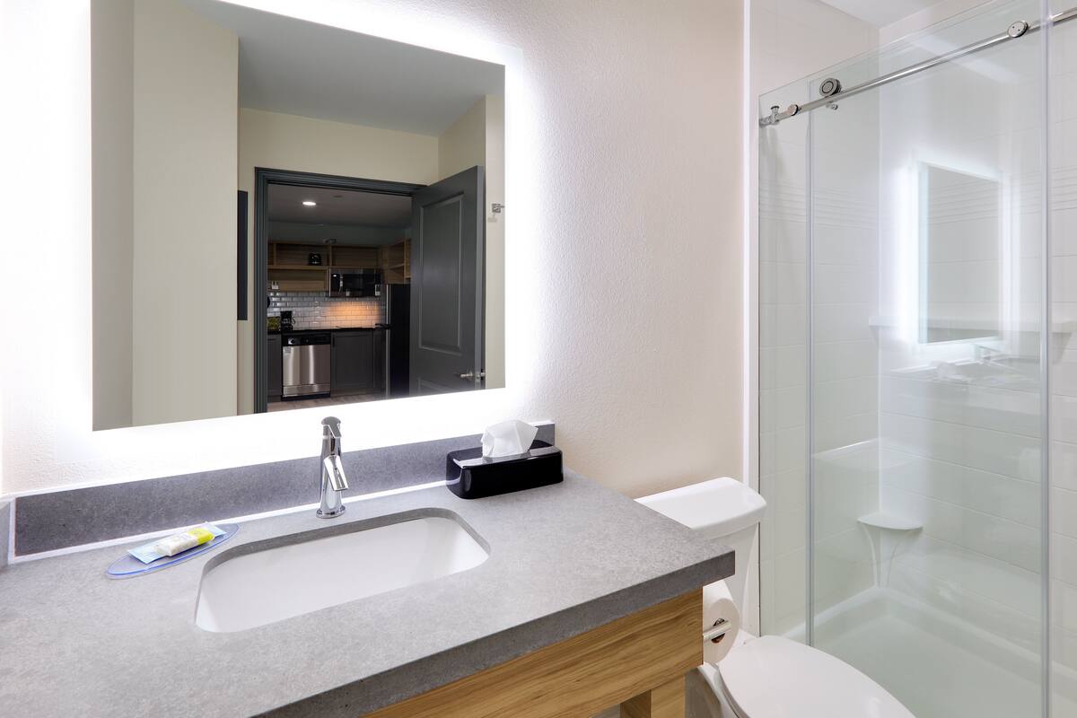 A modern bathroom with a large mirror, a sink, a toilet, and a glass shower enclosure.