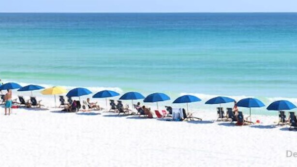 A beach with rows of sunbeds and umbrellas, a clear sky, and calm sea. - special, complete and fun (Miramar Beach)