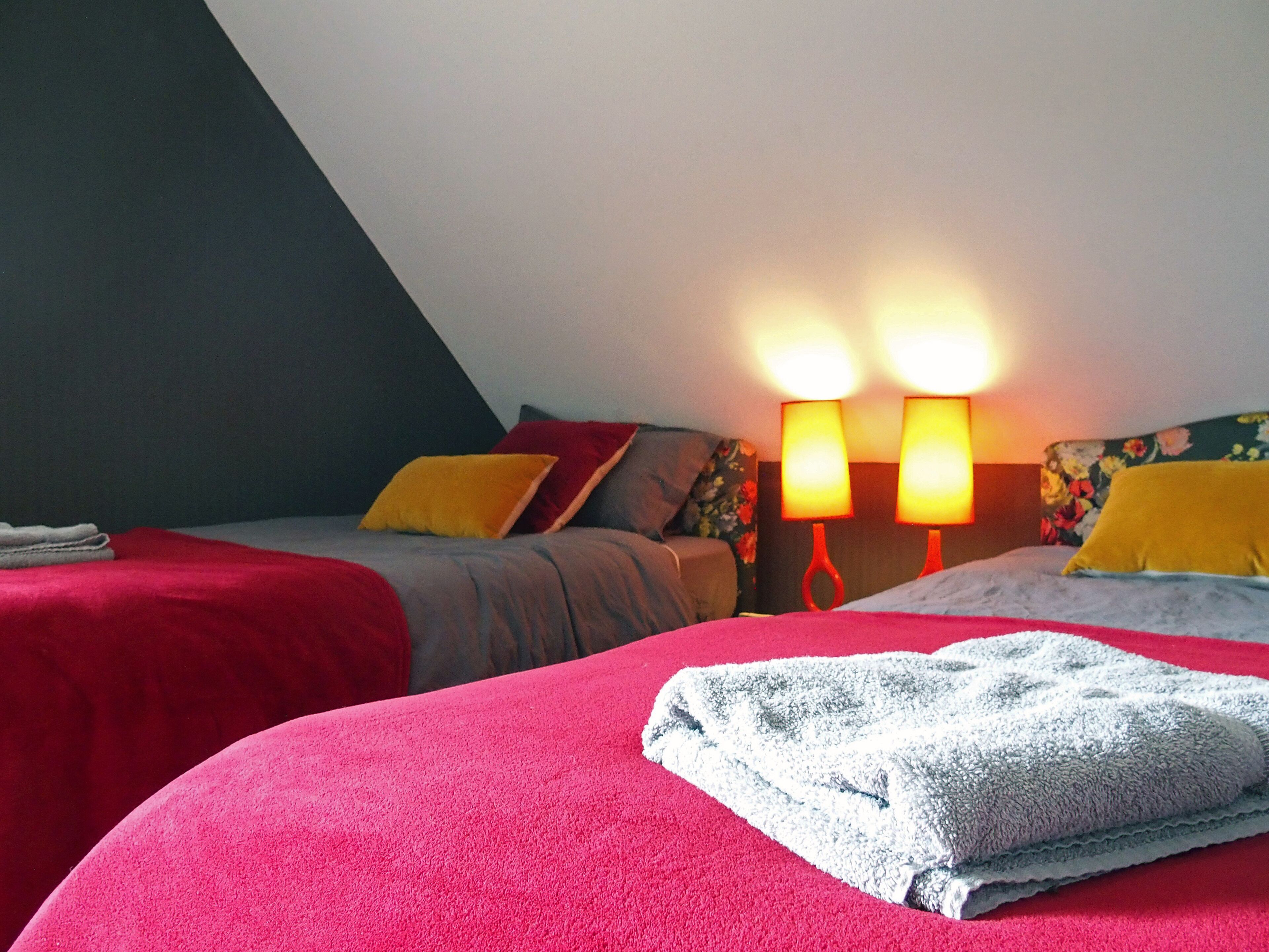 Une chambre à coucher avec deux lits, chacun recouvert d’une couvre-lit rouge et grise, et deux lampes de chevet.
